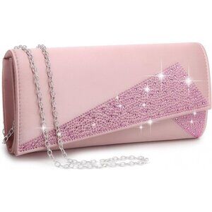 Women's Blush Satin Rhinestone Evening Clutch Bag Sparkle Glitter Purse